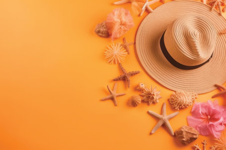 Straw hat, seashells and starfish on orange backgroundの素材