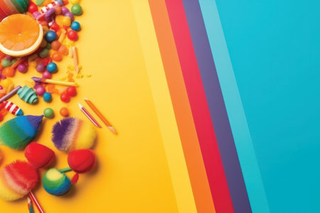 Colorful candies on colorful background. Top view with copy spaceの素材
