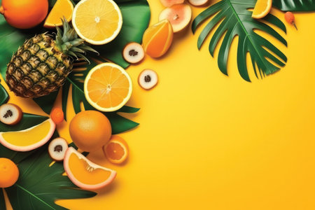 Fresh tropical fruits on yellow background. Top view, flat lay.の素材