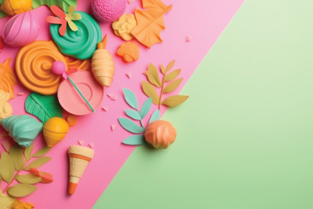 Flat lay of colorful plasticine and paper flowers on colorful backgroundの素材
