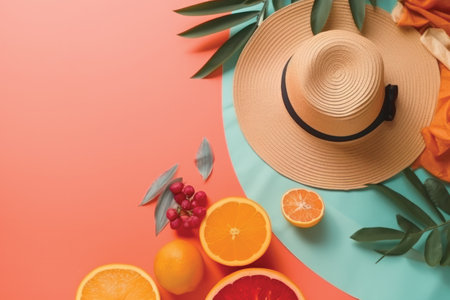 top view of orange, grapefruit and straw hat on color backgroundの素材