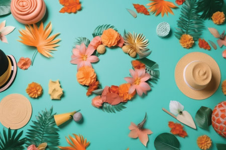 Flat lay composition with hat and summer accessories on turquoise backgroundの素材