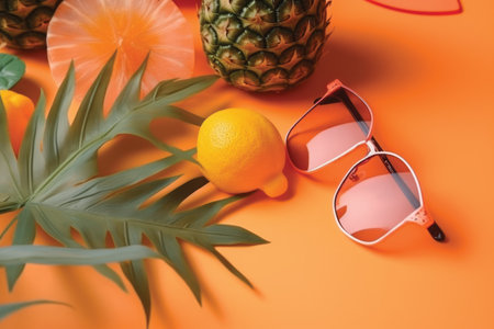 Summer concept. Tropical palm leaves, sunglasses and fruits on orange backgroundの素材