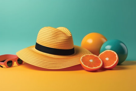 Straw hat, sunglasses, orange and grapefruit on color backgroundの素材