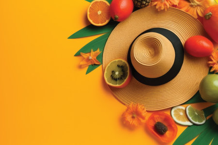 Flat lay composition with tropical fruits and straw hat on orange backgroundの素材