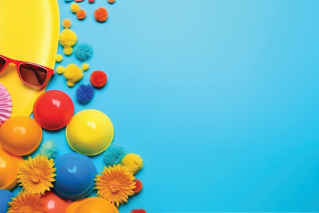 Colorful summer accessories on blue background. Top view with copy spaceの素材