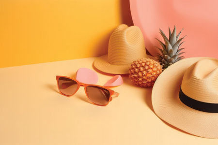 Beach hat, sunglasses and pineapple on a yellow and orange backgroundの素材