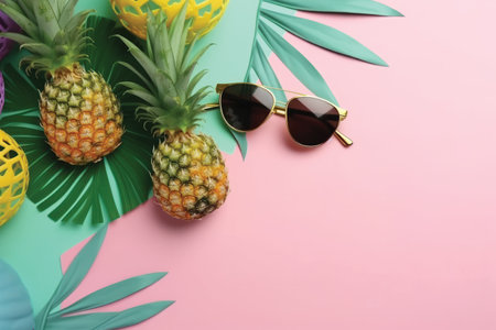 Tropical palm leaves, sunglasses and ripe pineapples on color backgroundの素材