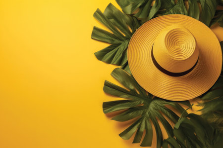 Summer straw hat and monstera leaves on yellow background. Flat lay, top view.の素材