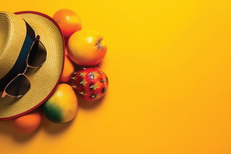 Straw hat, sunglasses and fruits on yellow background. Top view with copy spaceの素材