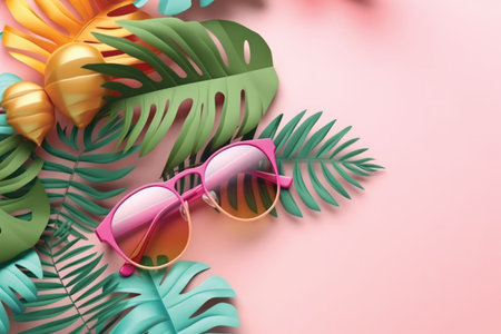Sunglasses and tropical leaves on pink background. 3d renderingの素材