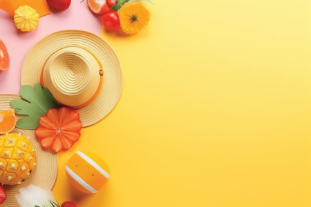 Summer composition with hat and fruits on color background. Flat lay, top viewの素材