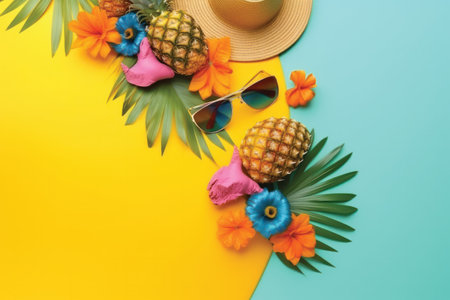 Flat lay composition with summer accessories. Pineapple, sunglasses, hat and flowers on colorful backgroundの素材