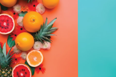 Flat lay of orange, lemon, grapefruit and pineapple on colorful backgroundの素材