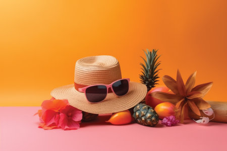 Straw hat, sunglasses and tropical fruits on pink and orange backgroundの素材