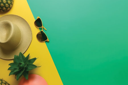 top view of sunglasses, hat and pineapple on yellow and green backgroundの素材