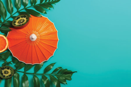 Orange and kiwi on a green background with tropical leaves.の素材