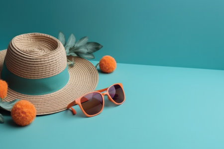 Straw hat and sunglasses on blue background. Summer holiday concept.の素材
