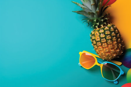 Top view of pineapple and sunglasses on colorful background with copy space.の素材