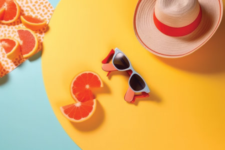 Summer composition. Sunglasses, hat, grapefruit and orange on yellow and blue background. Flat lay, top viewの素材