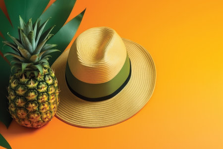Summer hat and pineapple on orange background with copy space. Summer concept.の素材