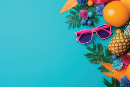 Flat lay of pineapple, sunglasses and tropical leaves on blue backgroundの素材
