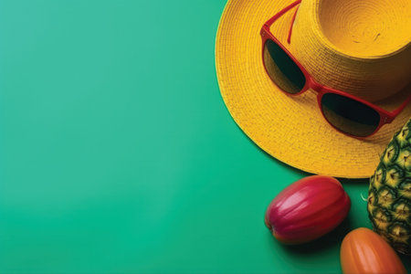 Summer accessories on green background. Straw hat, sunglasses, pineapple, bell pepper.の素材