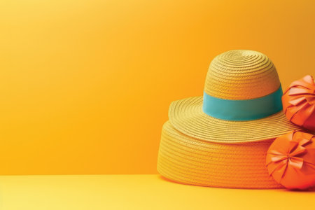Straw hat on yellow background with copy space. Summer concept.の素材