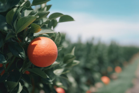 Ripe tangerines on the tree in the orchard.の素材