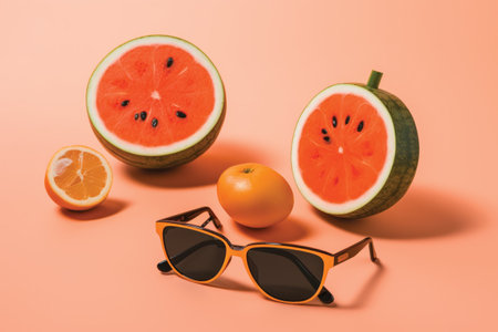 Fruits and sunglasses on orange background. Summer concept. Flat lay.の素材