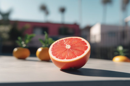 Ripe juicy grapefruit on a white table against the background of palm trees.の素材