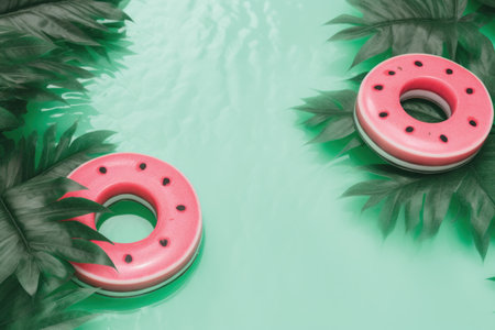 Inflatable donuts and green leaves on turquoise backgroundの素材