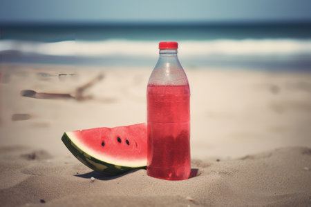 Watermelon and a bottle of water on a sandy beach in summerの素材