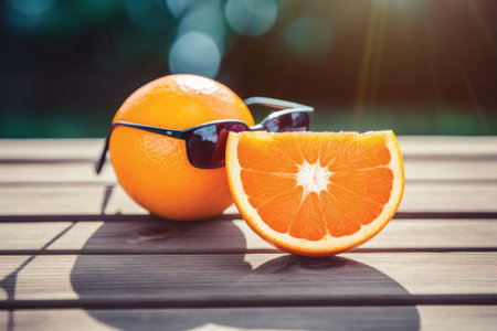 Orange fruit with sunglasses on wooden table in the garden. Summer concept.の素材