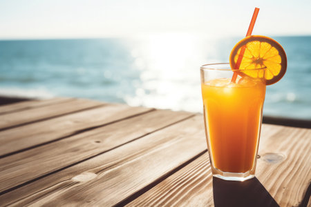 Glass of orange juice with a straw on a wooden table by the seaの素材