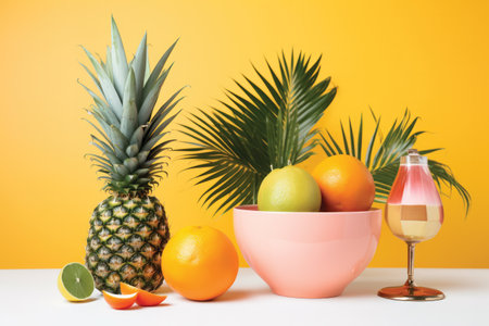Fruits in pink bowl and glass of champagne on yellow background.の素材