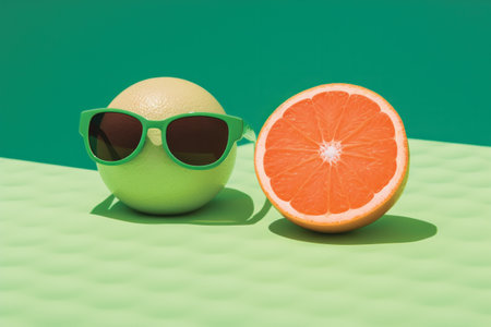 Citrus fruit with sunglasses on a green background. Toned.の素材