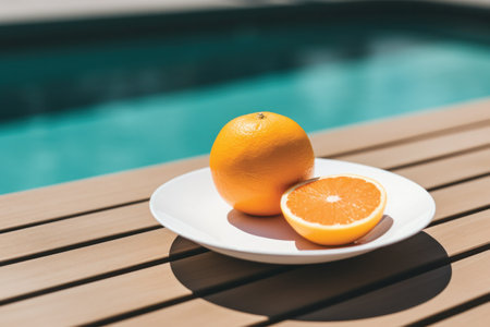 Orange fruit on white plate near swimming pool. Summer vacation concept.の素材
