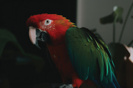 Macaw parrot sitting on a tree branch in a dark roomの素材