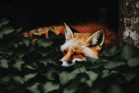 Red fox in the dark forest. Wild animal in the nature.の素材