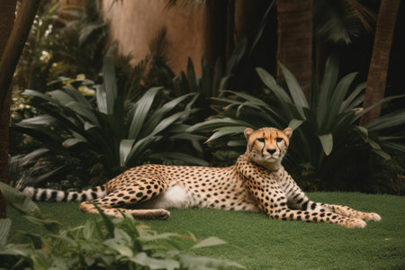 Cheetah lying on green grass with palm trees in background.の素材