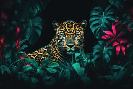 Leopard in the jungle with tropical plants on a black background.の素材
