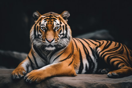 Close up of tiger lying on the bed in the dark room.の素材