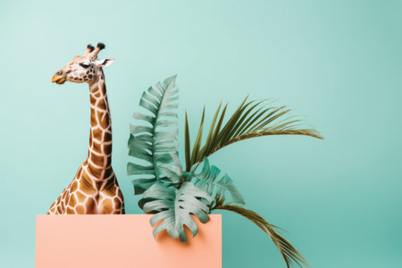 Creative layout made of tropical leaves and giraffe on mint backgroundの素材