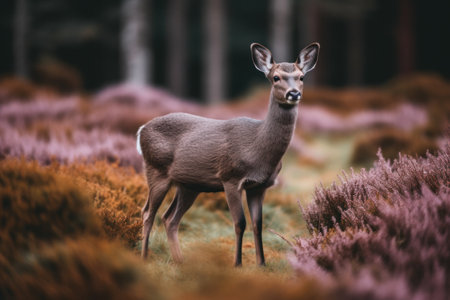 Beautiful white-tailed deer standing in the heather, UK.の素材