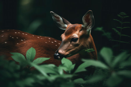 Young whitetail doe in the forest on a dark backgroundの素材