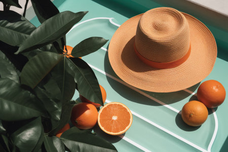 Summer hat and oranges on the beach. Summer vacation concept. Top view.の素材