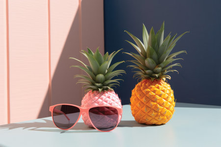 Pineapples with sunglasses on a table against a blue wallの素材