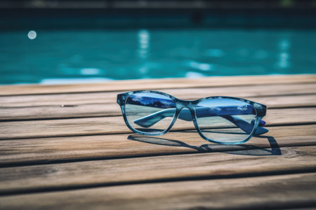 Sunglasses on a wooden deck near the swimming pool in summerの素材