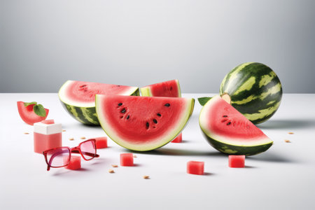 Fresh watermelon slices on white table with space for your text.の素材
